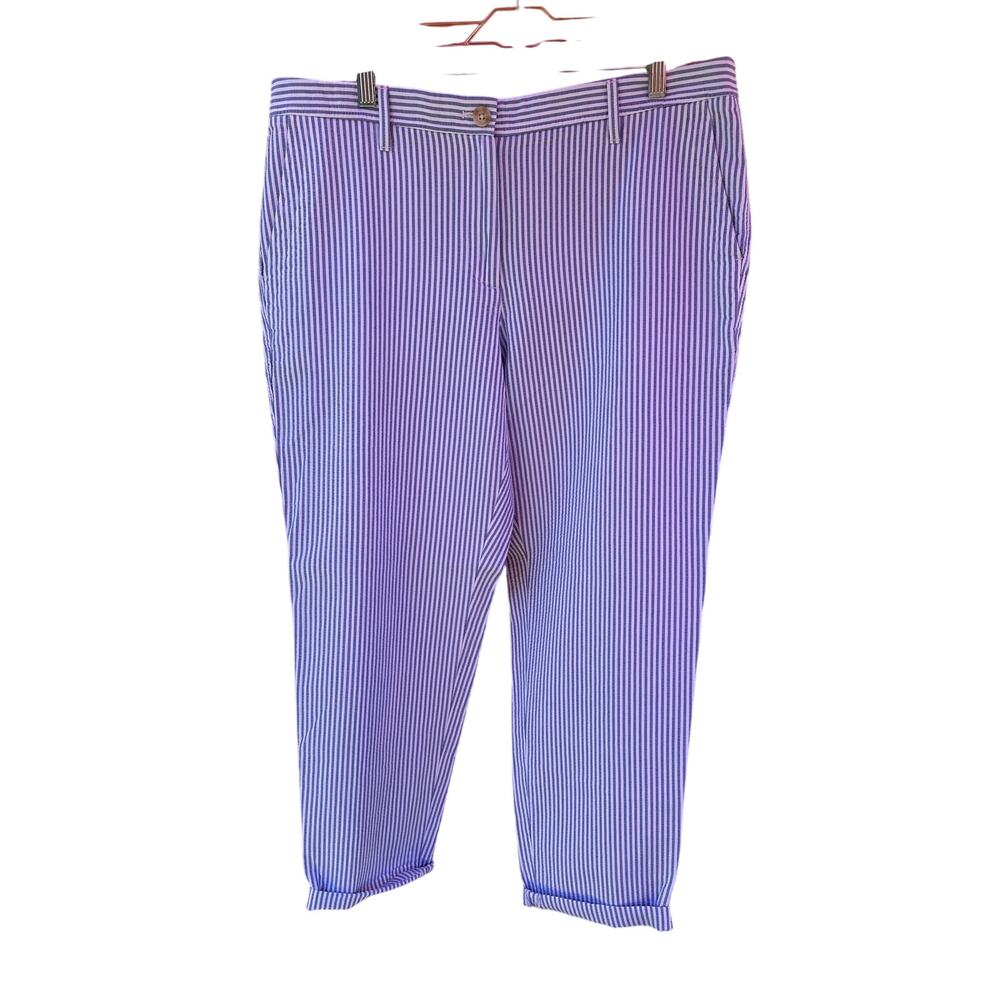 Talbots Relaxed Chino Pants Womens 12 Blue White Stripe Cotton Seersucker Ankle